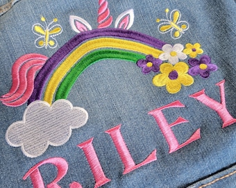 Personalized Unicorn Rainbow Girls Jean Jacket - Embroidered Denim Jacket for Girls with Name