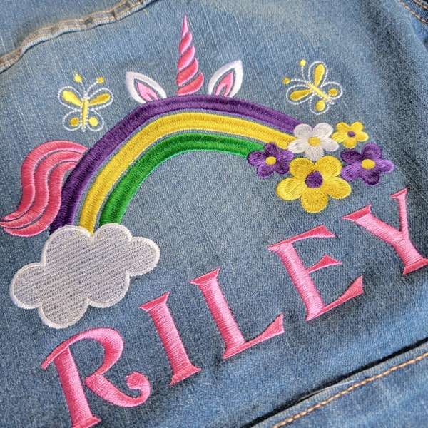 Personalized Unicorn Rainbow Girls Jean Jacket - Embroidered Denim Jacket for Girls with Name