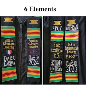 May include: Black graduation stoles with colorful stripes and text. One stole reads "M.Ed. in Educational Leadership" and "DARA KARIMA." Another says "American College of Education" and "CLASS OF 2024." Other stoles say "RPCV," "VETERAN," "Black Excellence in IR," and "CLASS OF 2023."