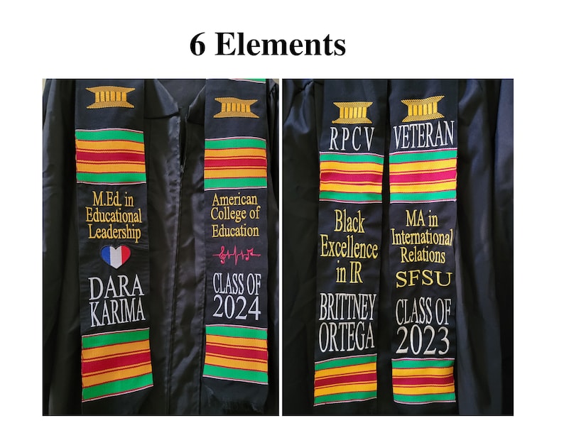 May include: Black graduation stoles with colorful stripes and text. One stole reads "M.Ed. in Educational Leadership" and "DARA KARIMA." Another says "American College of Education" and "CLASS OF 2024." Other stoles say "RPCV," "VETERAN," "Black Excellence in IR," and "CLASS OF 2023."