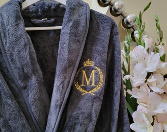 Personalized Men's Women's Grey Plush Robe - "M" Monogrammed Bathrobe with King Crown Queen Crown - Size 2XL/3XL