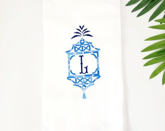 Personalized Gift Monogrammed Towel - Custom  Embroidered Hand Towel -  Pagoda Kitchen Towel - Chinoiserie Tea Towel - Black Owned Shop