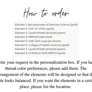 May include: Image with text: "How to order" and a list of elements for a custom stole, including text like "Baccalaureate of Exercise Science" and "VIVE UT VIVAS." Instructions for personalization are also included.