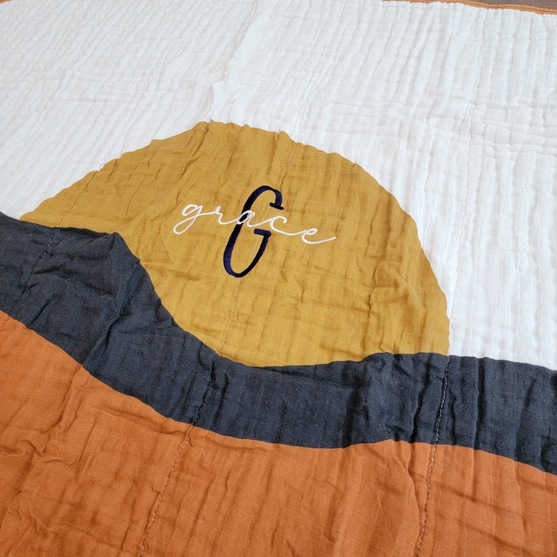 Personalized Sunset Cotton Muslin Blanket for Kids Baby and Toddler Quilt Swaddle with Name Baby Shower Gift for Girl or Boy image 6