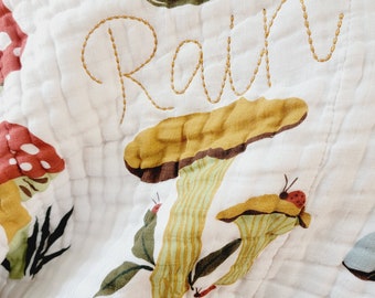 Mushroom Cotton Muslin Quilt forAdults and Kids Blanket Throw Swaddle - Baby Shower Gift for Girl or Boy - Boho Nursery Decor