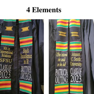 May include: Black graduation stoles with gold embroidery and colorful stripes. One stole reads "MA in International Relations SFSU CLASS OF 2023" and "Black Excellence in IR BRITTNEY ORTEGA". The other reads "She believed she could so she did! PATRICIA OUTING CLASS OF 2023".