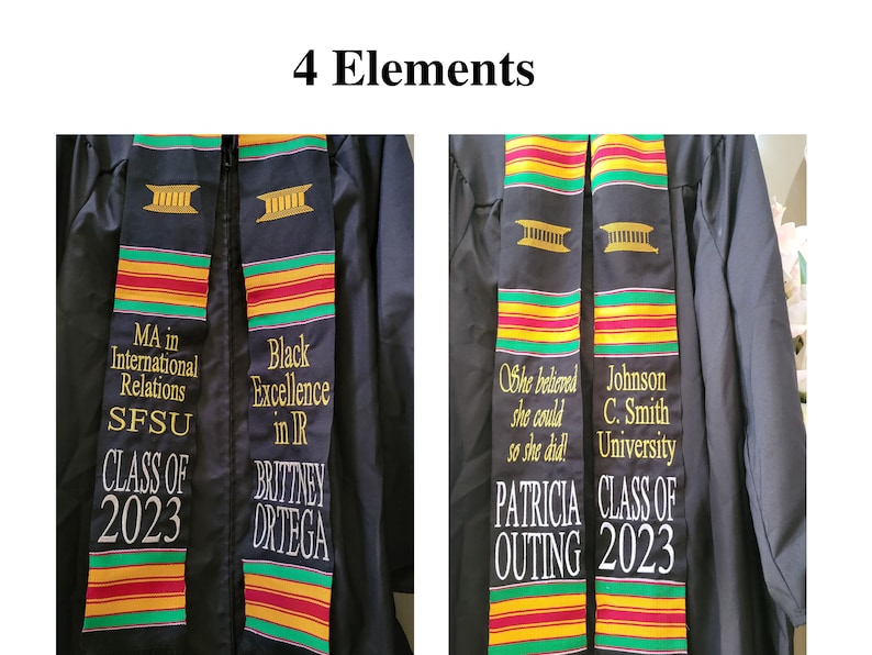 May include: Black graduation stoles with gold embroidery and colorful stripes. One stole reads "MA in International Relations SFSU CLASS OF 2023" and "Black Excellence in IR BRITTNEY ORTEGA". The other reads "She believed she could so she did! PATRICIA OUTING CLASS OF 2023".