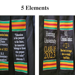 May include: Black graduation stoles with colorful striped trim. One stole reads "Delaware State University Class of 2023" and "B.S Elementary Education." The other reads "Herzing University Class of 2023" and "B.S. Criminal Justice."