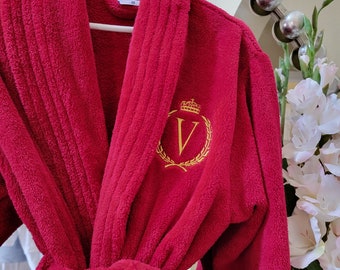 Personalized Men's Women's Red Plush Robe - "V" Monogrammed Bathrobe with King Crown Queen Crown - Size M/L