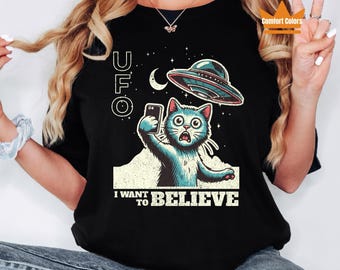 UFO Katzenentführung T-Shirt, Ich möchte glauben, Retro Alien Grafik-T-Shirt