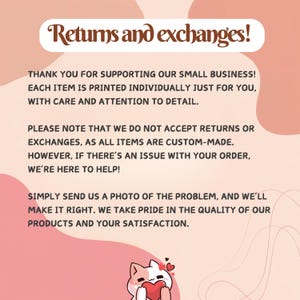 May include: A graphic with text that reads "Returns and exchanges!" and other text that explains the shop's return policy. A cartoon cat holding a heart is at the bottom of the image. The background is a light pink and peach color.