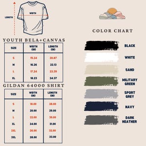 Puede incluir: Imagen de un producto que muestra una camiseta blanca con detalles de tama&ntilde;o y medidas. La imagen incluye una carta de colores con muestras de negro, blanco, arena, verde militar, gris deportivo, azul marino y brezo oscuro. Las medidas est&aacute;n en pulgadas.