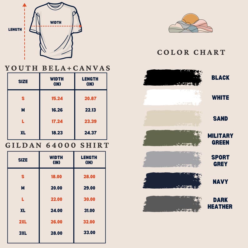 Puede incluir: Imagen de un producto que muestra una camiseta blanca con detalles de tama&ntilde;o y medidas. La imagen incluye una carta de colores con muestras de negro, blanco, arena, verde militar, gris deportivo, azul marino y brezo oscuro. Las medidas est&aacute;n en pulgadas.