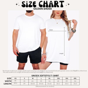 May include: A white Gildan 64000 unisex softstyle t-shirt size chart. The graphic displays a width and length measurement guide on a white t-shirt, alongside a table listing sizes XS through 4XL with corresponding measurements in inches.