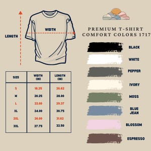 Puede incluir: Un diagrama de una camiseta con opciones de tama&ntilde;o y color. La camiseta se muestra en un color neutro con medidas de ancho y largo en pulgadas. Las muestras de color incluyen negro, blanco, pimienta, marfil, musgo, azul vaquero, flor y espresso.