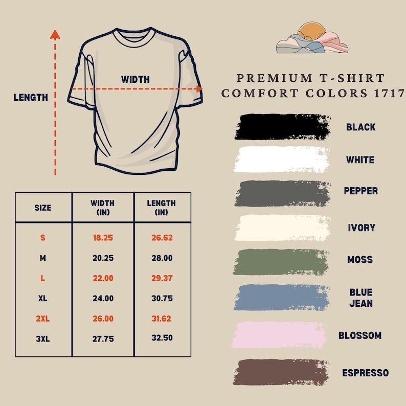 Puede incluir: Un diagrama de una camiseta con opciones de tama&ntilde;o y color. La camiseta se muestra en un color neutro con medidas de ancho y largo en pulgadas. Las muestras de color incluyen negro, blanco, pimienta, marfil, musgo, azul vaquero, flor y espresso.