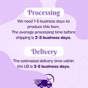 Puede incluir: Un gr&aacute;fico morado claro con las palabras "Procesamiento" y "Entrega". El texto describe los tiempos de producci&oacute;n y entrega de un art&iacute;culo. Un gr&aacute;fico de un cami&oacute;n de reparto est&aacute; en la parte inferior.