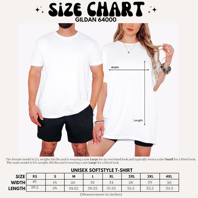 May include: White unisex softstyle t-shirts with a size chart. The chart includes measurements for width and length in inches, ranging from XS to 4XL. The text "SIZE CHART" and "GILDAN 64000" are at the top. The models are wearing the t-shirts.