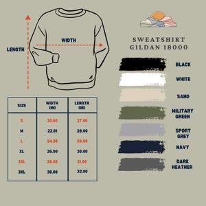 Puede incluir: Un diagrama de una sudadera con medidas en pulgadas. La imagen incluye una tabla de tallas con medidas de ancho y largo para las tallas S a 3XL. Se muestran muestras de color para negro, blanco, arena, verde militar, gris deportivo, azul marino y gris oscuro.