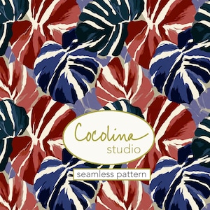 May include: Seamless pattern featuring stylized tropical leaves in shades of red, navy blue, and cream, set against a light purple background. The design includes the text "Cocolina studio" and "seamless pattern".