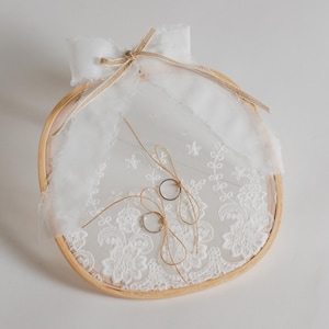 Rustic Handmade Wedding Ring Pillow with White Chantilly  Lace & Mocha Mousse Details on Squared Wooden Embroidery Hoop
