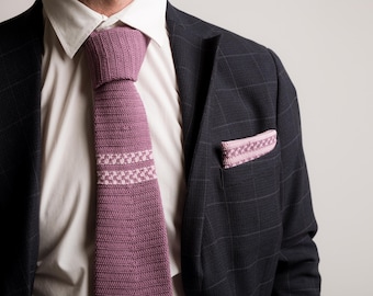 Handcrafted Crochet Wedding Tie in Amethyst & Ice Pink Cotton with Vichy-Stripe Motif