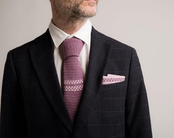 Crochet Tie and Pocket Square Set – Amethyst Purple Groom Tie, Handmade Vichy Striped Wedding Set