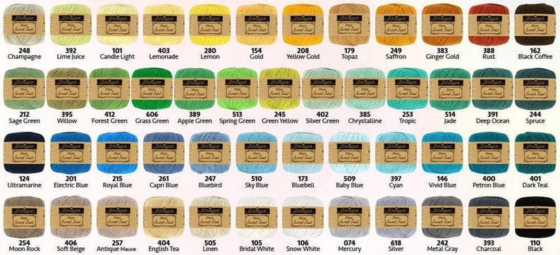 May include: A collection of yarn skeins in various colors, including shades of green, blue, yellow, and brown. Each skein has a label with a color name and number. The yarn is likely for knitting or crochet projects.
