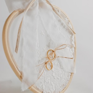 Handcrafted Wedding Ring Holder with White Chantilly Lace and Mocha Mousse Details on Triangular Wooden Hoop