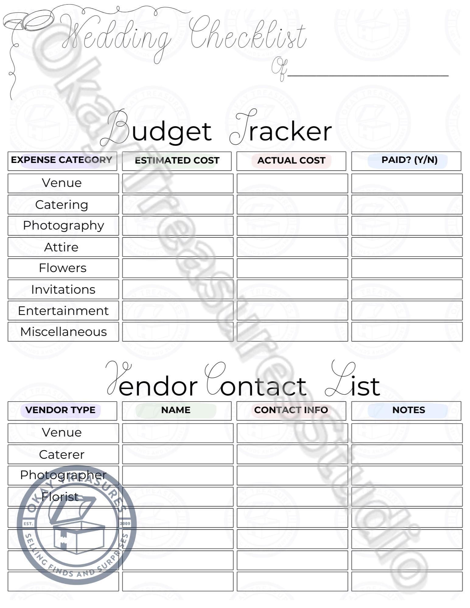 Elegant Wedding Checklist Printable Planner for Brides &amp; Grooms ...