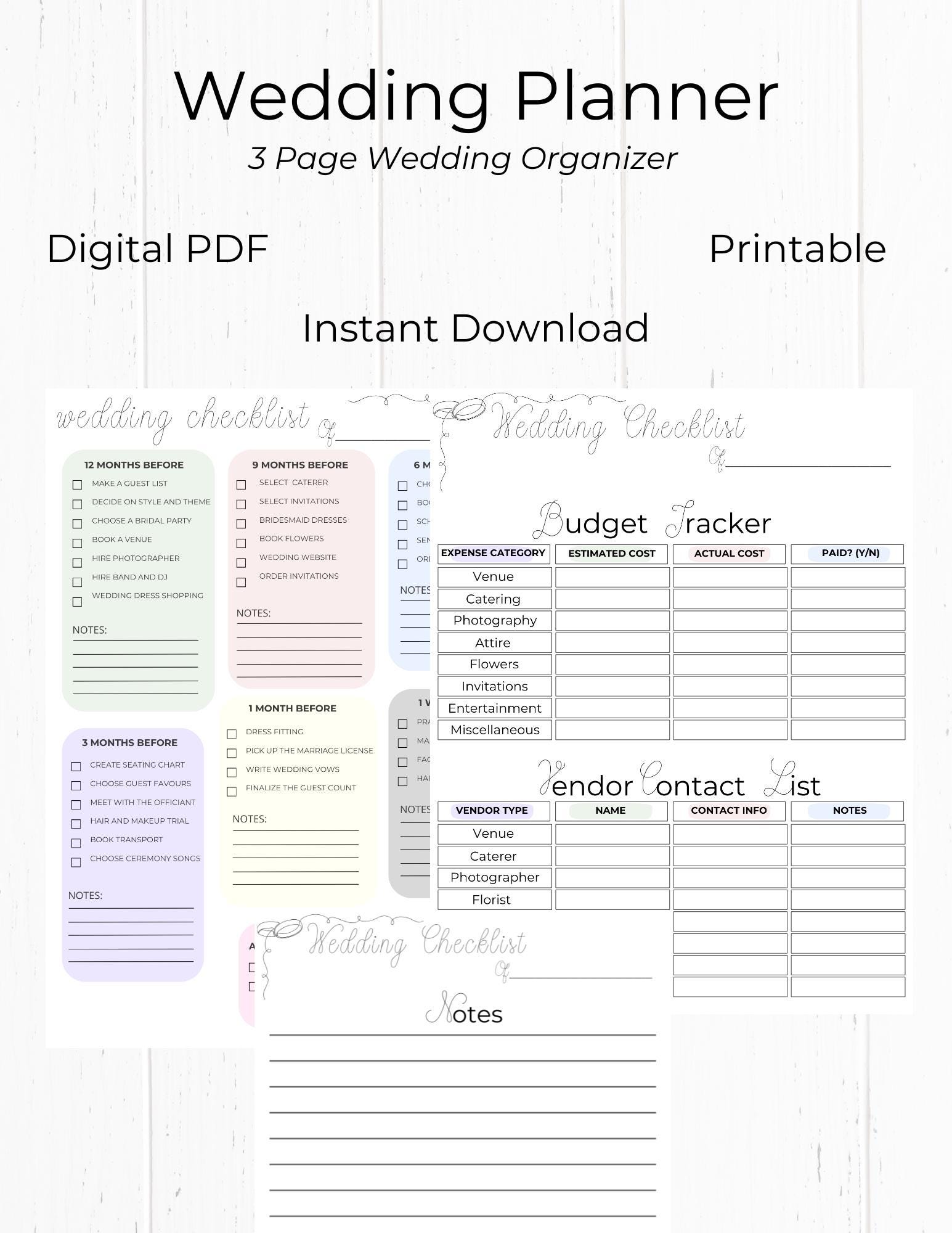 Elegant Wedding Checklist Printable Planner for Brides &amp; Grooms ...