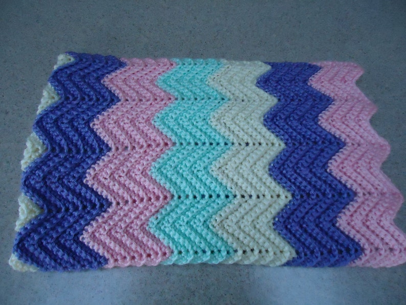Soft Green and Cream Crocheted Baby Girl Afghan Blanket in Pink Soft Purple