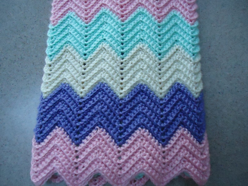 Soft Green and Cream Crocheted Baby Girl Afghan Blanket in Pink Soft Purple
