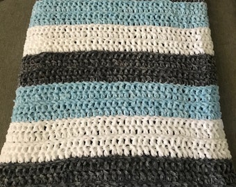 Large Hand Crocheted Chenille Afghan / Blanket / Throw in Gray, White and Blue