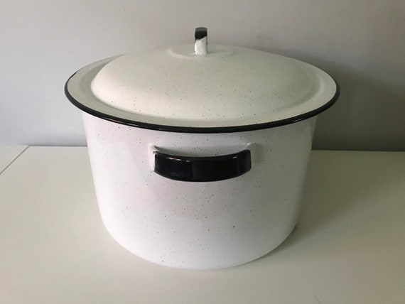 Vintage White With Black Trim Extra-large Enamel Stock Pot With Lid 