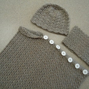 Crocheted Girl’s Poncho with Matching Cowl and Hat in Shades of Light Brown - Taupe