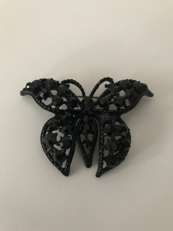 Vintage Weiss Black Rhinestone Butterfly Brooch