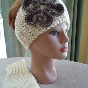 Earwarmer and Matching Fingerless Gloves in Beige / Cream - Hand Crocheted - Headwrap
