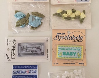 Lot of Vintage Notions / Satin Ribbon Flowers / Clothing Labels