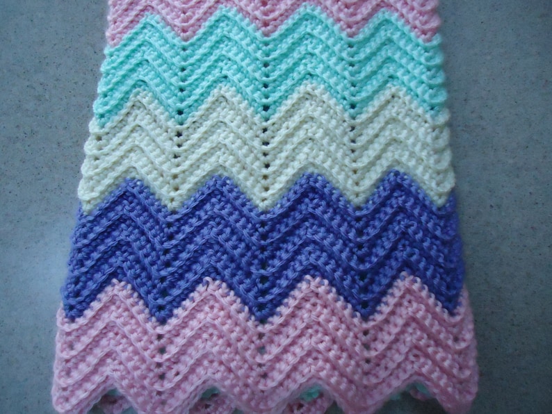 Soft Green and Cream Crocheted Baby Girl Afghan Blanket in Pink Soft Purple