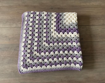 Hand Crocheted Baby Girl’s Blanket / Afghan in Purple, White and Gray