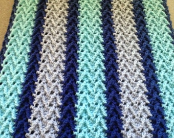 Large Handmade Crocheted Afghan / Blanket / Throw in Aqua, Grey and Navy Blue