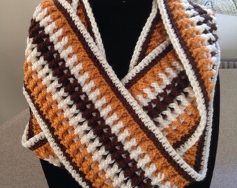 Hand Crocheted Infinity Scarf / Cowl in Beige, Brown and Gold