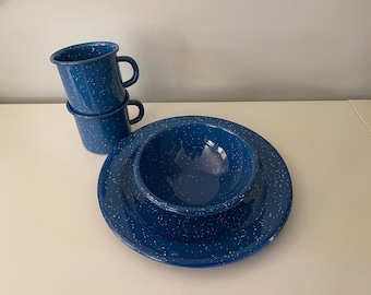 Vintage Blue Speckled Enamel Dishes, Bowls and Mugs - 6 Pieces