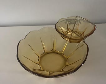 Vintage Anchor Hocking Swedish Modern 3 Piece Chip and Dip Bowl - Honey Gold