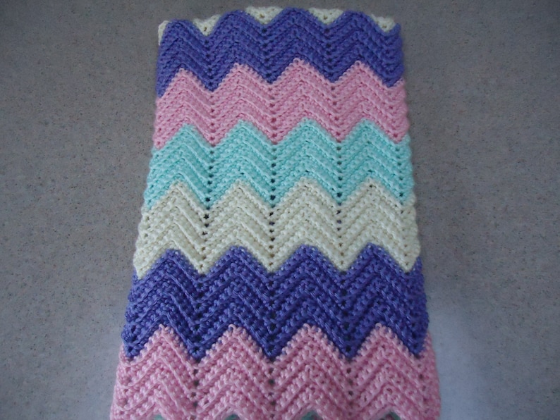 Soft Green and Cream Crocheted Baby Girl Afghan Blanket in Pink Soft Purple