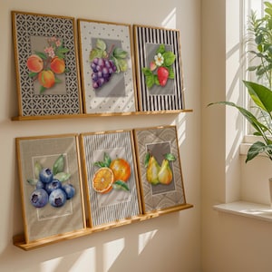 Mid-Century Striped Kitchen Prints | Colorful Wall Art | Printable Fruit Art Bundle | Vintage Minimalistic Art | Botanical Prints Set of 6
