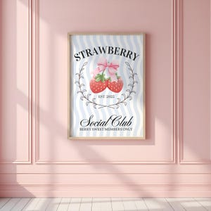 Vintage Striped Strawberry Print | Digital Art Download | Cottagecore Printable Wall Art | Coquette Art Print | Cute Trendy Wall Art