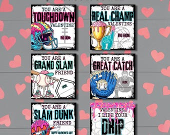 Sports Drip Valentine Tags for Boys, Exchange Cards for Classroom Party, Teen, Tween, Trendy Athlete Design, Printable, Square