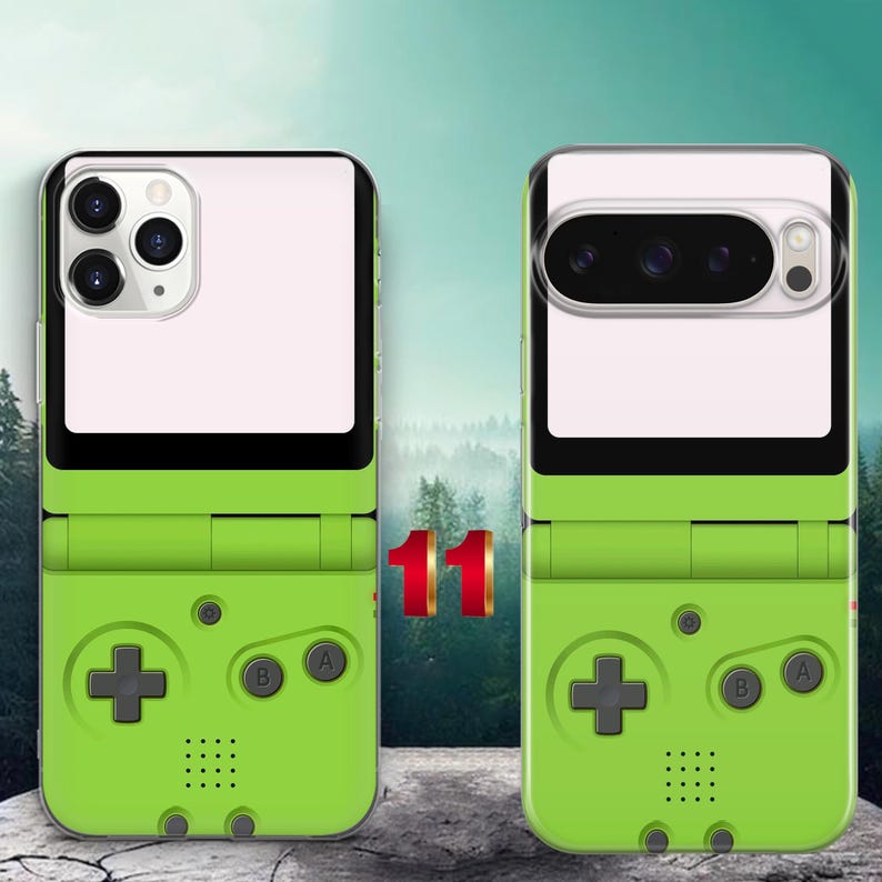 May include: Two smartphone cases featuring a lime green retro handheld gaming console design. The cases include a black directional pad, A and B buttons, and a speaker grille. The top sections are white with cutouts for camera lenses.